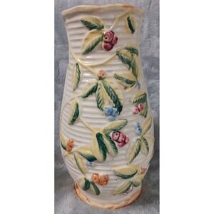 Vintage Ceramic Vase Floral Berry Japan Mid Century 7 3/4" Ribbed FLAW READ